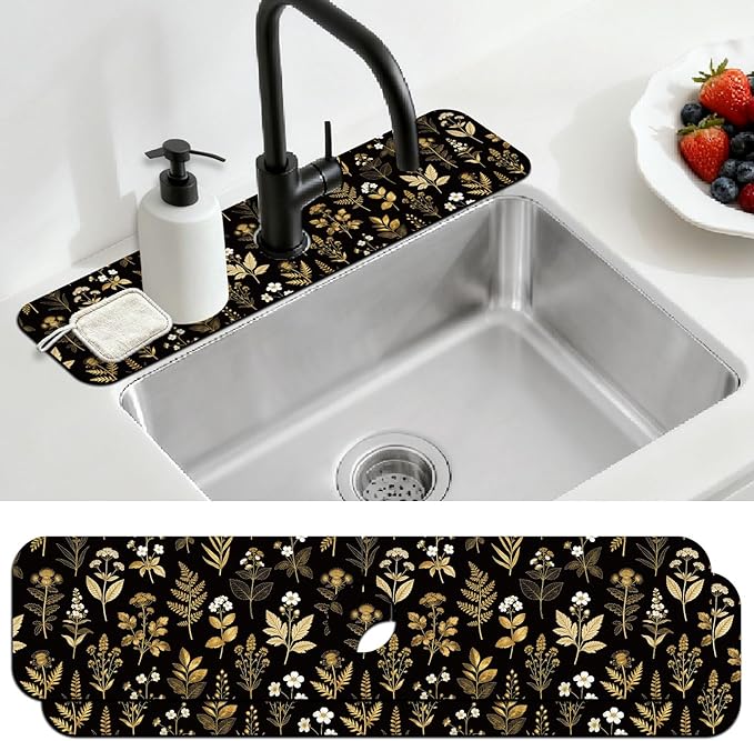 2 Pcs Kitchen Sink Splash Guard Faucet Mat Vintage Gold Leaves Faucet Mat for Sinks Flowers Pattern Absorbing Drying Mats for Kitchen Bathroom, 23.6x5.5inch by CONCHLERY%E6%97%97%E8%88%B0%E5%BA%97