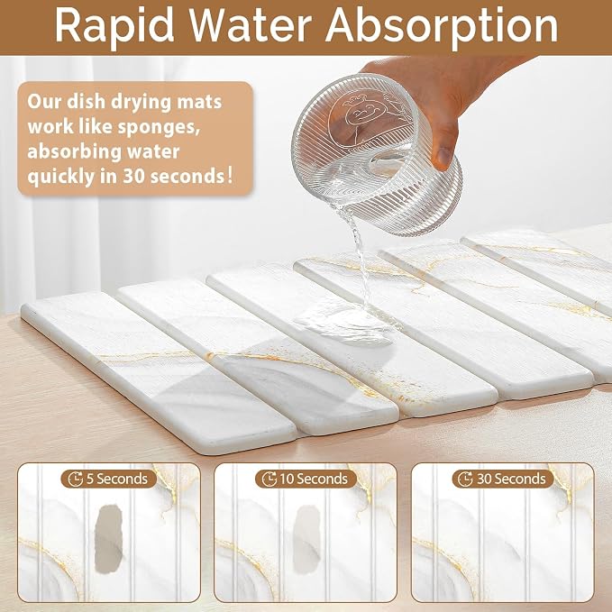 Small Stone Dish Drying Mat for Kitchen Counter, 15.7"×12" & 8"x4" Quick Dry Stone Mats, Foldable Water Absorbing Diatomaceous Earth Drying Dish Pad for Countertop Bottles Utensils Cup(Gold White) - Image 3