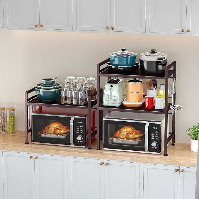 PUSDON Expandable Microwave Oven Rack, 2-Tier Countertop Baker's Rack Style Shelf, Heavy Duty Stand with 3 Hooks, 160lbs Capacity Rustic Farmhouse Decor, Vintage Bronze - Image 6