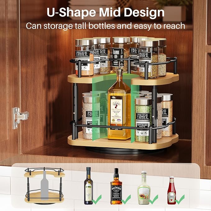 SNTD Lazy Susan Spice Rack Organizer for Cabinet, Wood, Natural, 9 in | Rotating Turntable, Height Adjustable, Space-Saving D-Shape Design, Revolving Spice Storage for Kitchen Countertop Pantry - Image 5