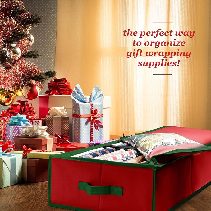 Premium Wrapping Paper Organizer Storage | Gift Wrap Holder With Extra Pockets for Christmas Decorations, Reinforced Handles, Heavy Duty, Ultra-Durable, Tear-Proof Fabric - Fits Up to 27 Rolls (Red) - Image 2
