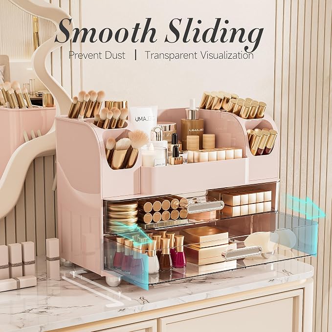 Delamu Large Makeup Organizer Countertop with 6 Brush Holders, Pink | Vanity Organizer with 2 Drawers, Gift for Women & Girls, Holds Perfume, Skincare, Lipstick, Nail Polish & Hair Accessories - Image 3