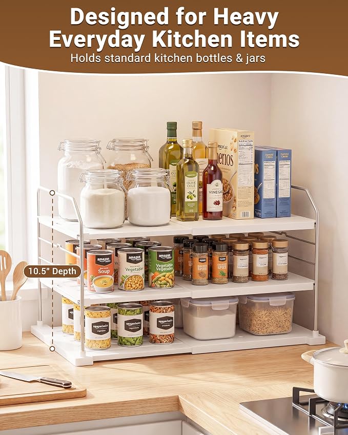 EVERIE Extendable 3-Tier Kitchen Cabinet & Pantry Organizer for Plastic Wrap, Foil & Storage Bags, Adjustable Heavy Duty Shelf Rack for Wrap Boxes, Jars & Snack Boxes (11–16.7 in Wide), Pack of 1 - Image 5