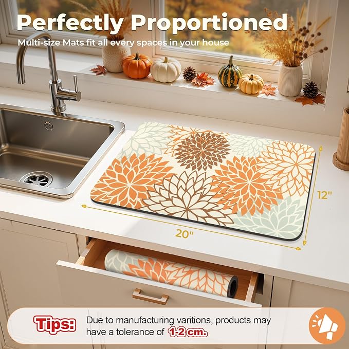 Findosom Fall Dish Drying Mat, 12" x 20" Super Absorbent Dish Mat with Floral, Hide Stain Drying Mat for Kitchen Counter, Under Dish Rack, Coffee Maker, Espresso Machine, Orange - Image 2