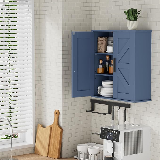 Homleke Bathroom Wall Cabinet, Medicine Cabinet with Adjustable Shelves | 3-Tier Wall Mounted Over Toilet Storage with Barn Doors, for Bathroom, Kitchen, Entryway, Laundry Room, Blue, (7.9" D) - Image 8