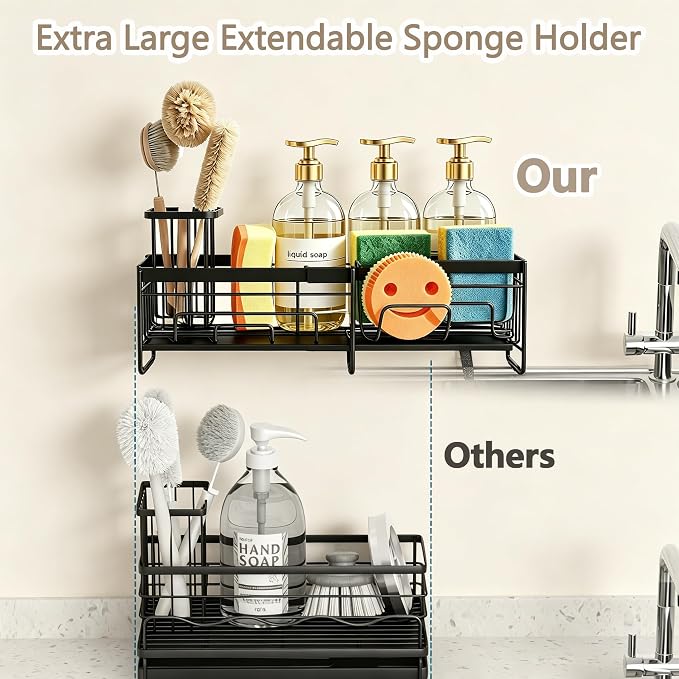 spospo Extendable Sponge Holder for Kitchen Sink Extra Large Sink Caddy | Adjustable Length Sink Caddy Organizer with High Brush Holder, Self-Draining Countertop Organizer - Image 2