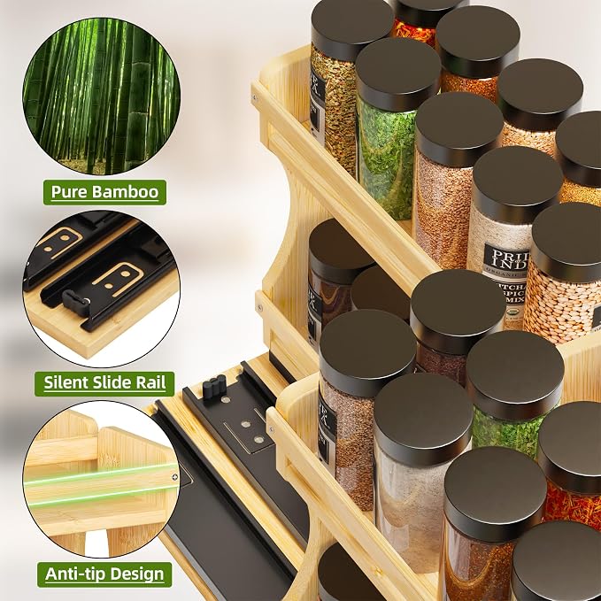 BAMEOS Pull Out Spice Rack Organizer for Cabinet, Bamboo Wide 9" Slide Out Seasoning Organizer for Kitchen, No Drill Anti-Tip Ball Bearing Silent Glides, Pantry Cabinet Organizer, Natural - Image 4