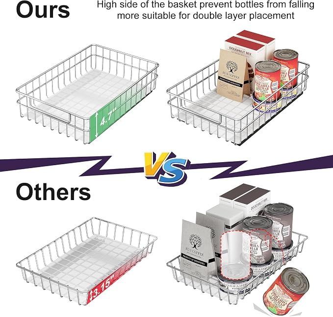 Stainless Steel Pull Out Cabinet Organizer(11.8"W x 16.5"D x 4.7"H)-1 Pack, Minimalist Design Frame, Full-Extension Slide Rails, Easy Installation for Pantry Organizers or Kitchen Cabinet Organizer - Image 7