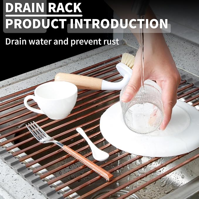15.74" x 17"Large Roll Up Dish Drying Rack Over The Sink Dish Drying Rack,Stainless Steel Multipurpose Foldable Dish Drying Rack with Anti-Slip Silicone for Kitchen Counter Drainer,Rose Gold - Image 4