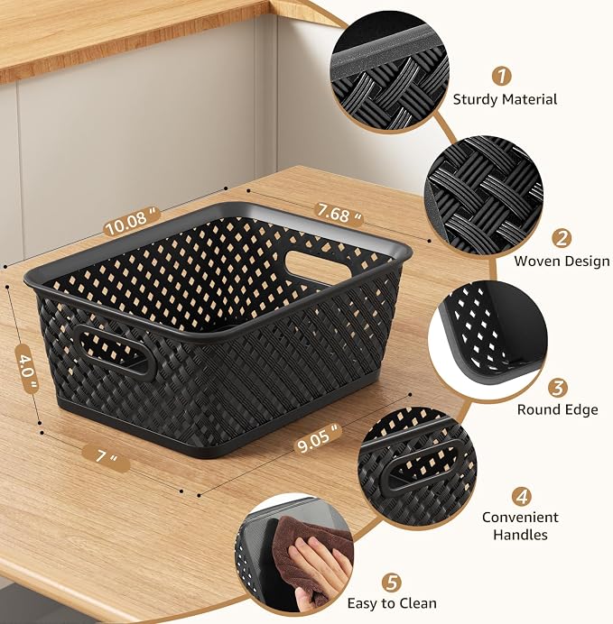 MaxGear 3 Pack Plastic Storage Baskets, Medium, Black | Durable Woven Plastic with Built-In Handles, Suitable for Shelves, Closets, Cabinets, Bathrooms and Offices - Image 2