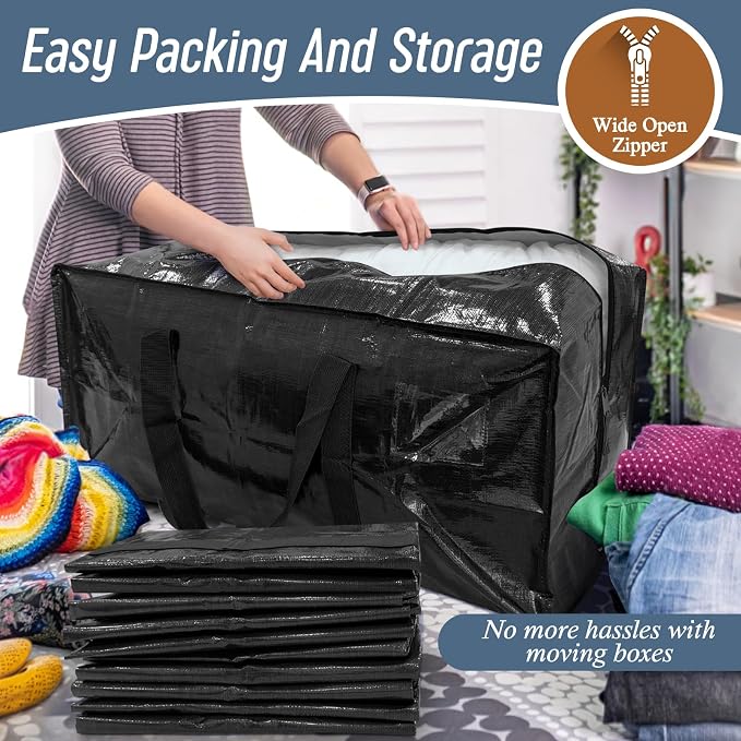 12 Pack Extra Heavy Duty Large Moving Bags with Strong Zipper, Black | Comfortable Handles, Sturdy & Durable Clothes Storage Bags Totes Bins, Blue Packing Moving Boxes for College Supplies - Image 5