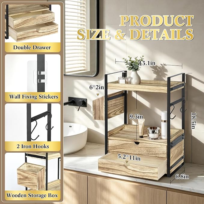 2-Tier Bathroom Counter Organizer with 2 Drawers, Basket and Hooks, Wood Bathroom Organizers and Storage for Countertop, Farmhouse Bathroom Countertop Organizer for Vanity, Kitchen, Coffee Bar, Office - Image 7