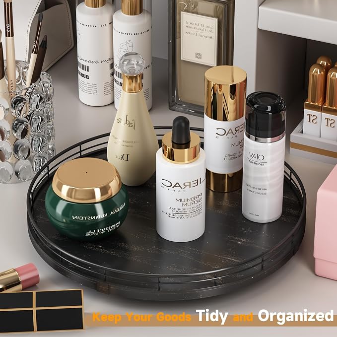 AMH 13-Inch Oak Lazy Susan Vanity Tray with Black Brushed Gold Finish Rail | Smooth rotating oak tray with walnut finish for dining tables, kitchen counters, pantries and cabinet storage. - Image 2