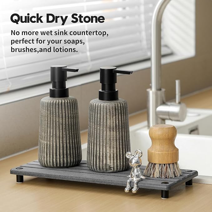 Instant Dry Sink Caddy Kitchen Sink Organizer, Quick Drying Stone Tray Diatomite Sponge Holder Soap Dish, Bathroom Countertop Fast Dry Water Absorbing Vanity Rack, Dark Gray,12" x 5" - Image 2
