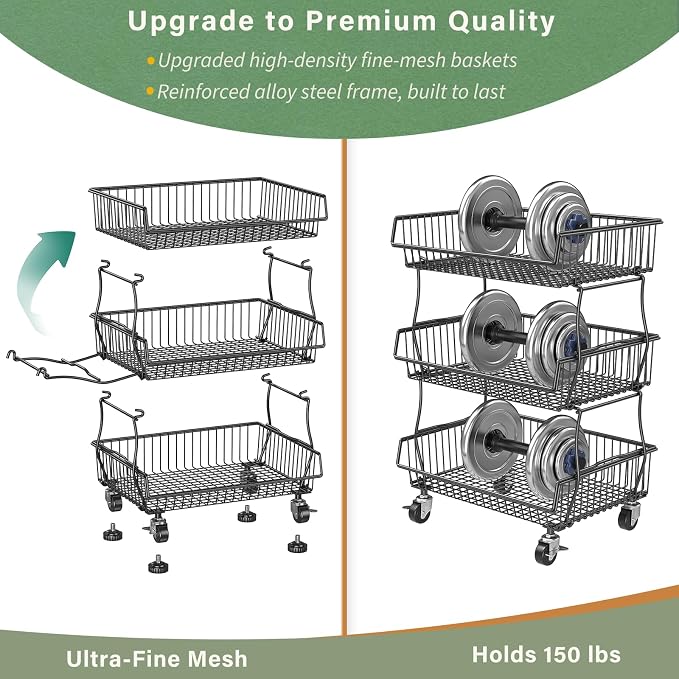 OKZEST Pantry Organizers and Storage Cart with Upgraded Metal Hub Casters | Fits under pantry shelf, Stackable fine-mesh wire baskets, 3-Tier rolling cart holds drink, snack, can, potato, onion, fruit - Image 3