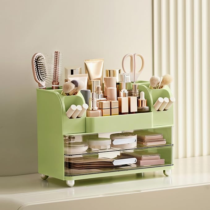 HBlife Makeup Organizer for Vanity with Brush Holder, Large Bathroom Countertop Cosmetic Organizer Skincare Storage, Easy to Store Lipsticks, Nail Polishes, Perfumes, Eyeshadow Palettes, Avocado Green - Image 2