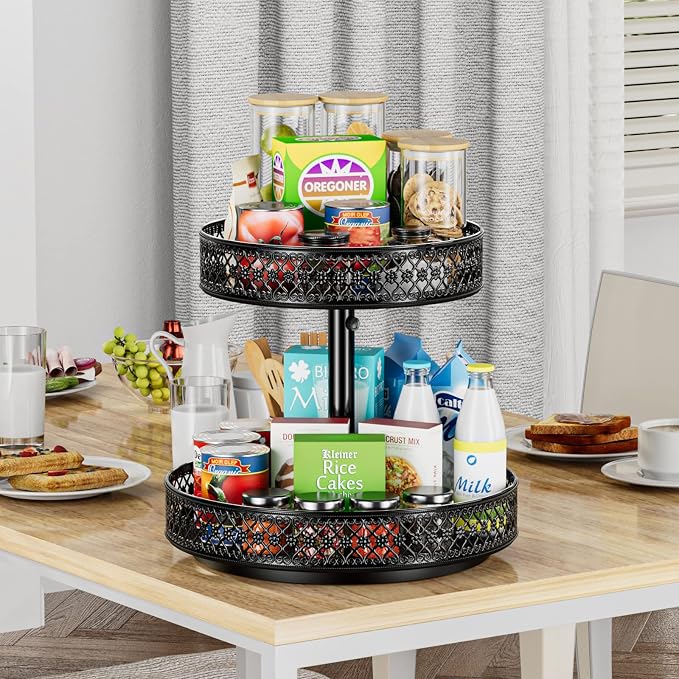 2 Tier Lazy Susan Organizer - Adjustable Rotating Spice Rack 12 inch | Floral Turntable Lazy Susan for Cabinet Pantry Kitchen Countertop Table Top Cupboard Bathroom Vanity Storage Metal Black - Image 6