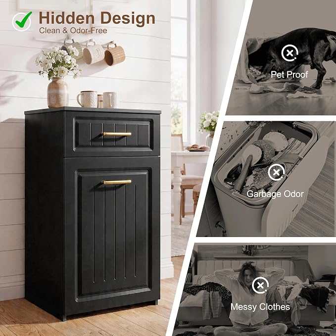 ZIFTY Pull Out Trash Can Cabinet for 13 Gallon Bin, Laundry Hamper, Black | Pet Proof, Freestanding Kitchen Cabinet, Hideaway Drawer, Wooden Garbage Recycling, Modern Farmhouse Waste Bin Furniture - Image 5