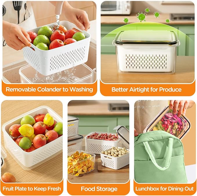 5-Pack Fruit Storage Containers for Fridge with Removable Colanders, 4 in 1 Produce Storage Containers with Lids, Leakproof Fridge Organizer Bins for Salad Berry Lettuce Vegetables Meat Keeper Fresh - Image 6
