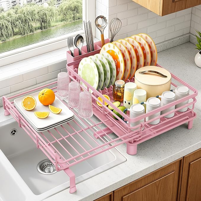 SAYZH Expandable Dish Drying Rack for Kitchen Counter, Metal, Pink | Foldable Over Sink, Large Capacity, Rust-Resistant, Adjustable for Most Sinks, Automatic Drainage, Removable Utensil Holder - Image 8