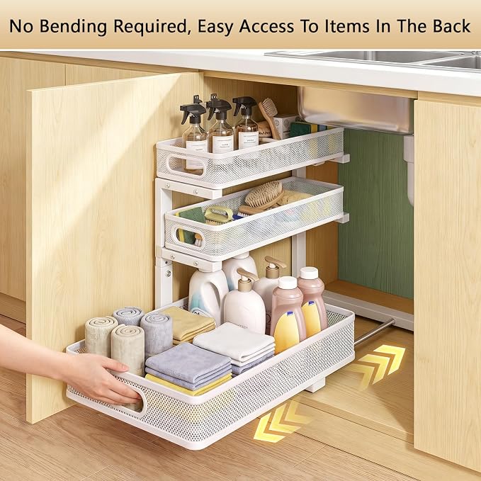 Under Sink Organizer, 2-Pack 3-tier Under Sink Storage Organizer Adjustable Height Easy Assembly Pull Out Cabinet Organizers Basket for Bathroom Kitchen Pantry Home Organization - Image 3