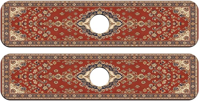 2 Pcs Kitchen Sink Splash Guard Faucet Mat Retro Red Bohemian Pattern Faucet Mat for Sinks Flower Absorbing Drying Mats for Kitchen Bathroom - Image 8