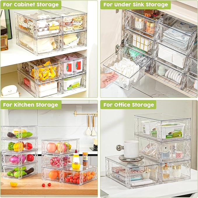4 Pack Acrylic Storage Drawers, Clear Stackable Storage Drawers, Acrylic Organizers Drawers for Under Sink, Pantry, Bathroom, Makeup Organizers Cosmetic Display,Classroom Storage Organization, Medium - Image 3