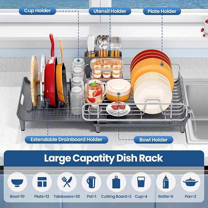 NTD Expandable Dish Drying Rack for Kitchen Counter, 16.7"-26.8", Gray | Large Multifunctional Dish Drainers, Anti-Rust, with Cutlery & Cup Holders, Self-Draining Drainboard, FIts for 4-5 People - Image 2