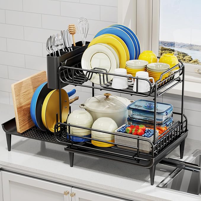Urackify Dish Drying Rack for Kitchen Counter, Expandable 2 Tier Dish Rack, Large Capacity Dish Drainer with Drainboard Multifunctional Dish Strainer with Removable Cutlery Holder Black | 2 Tier. Expands from 16.9 to 26.6 inches to fit more dishes, wit... by Urackify