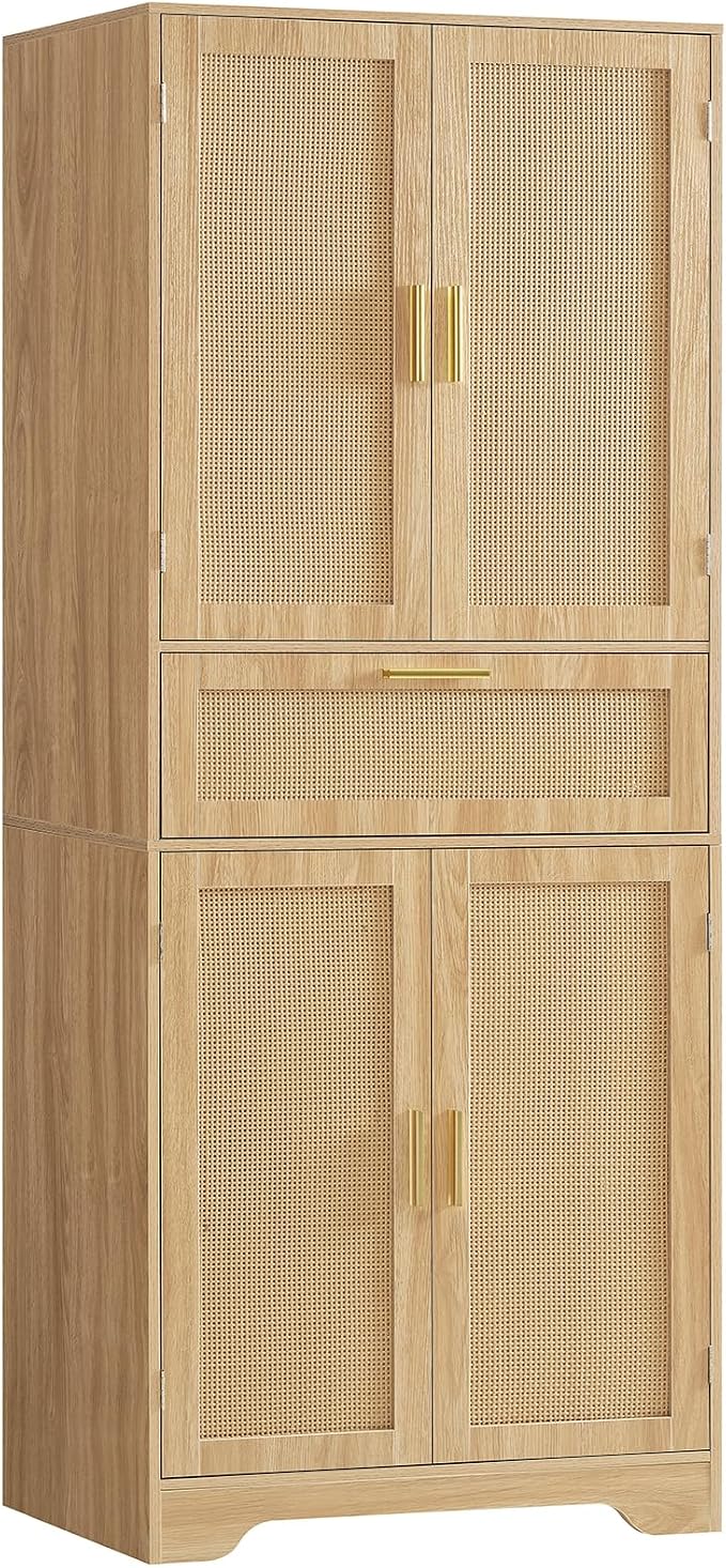 Iwell Tall Storage Cabinet with 2 Adjustable Shelves & Large Drawer, Rattan Cabinet with 4 Doors, Pantry Cabinets for Dining Room, Living Room, Home Office, Natural by IWELL
