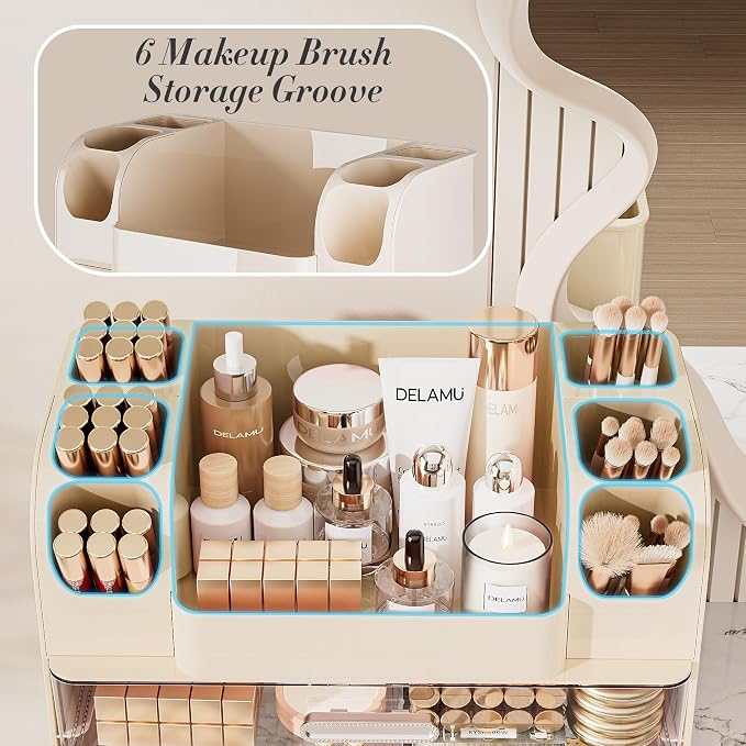 Delamu Large Makeup Organizer Countertop with 6 Brush Holders, Cream White | Vanity Organizer with 2 Drawers, Gift for Women & Girls, Holds Perfume, Skincare, Lipstick, Nail Polish & Hair Accessories - Image 5