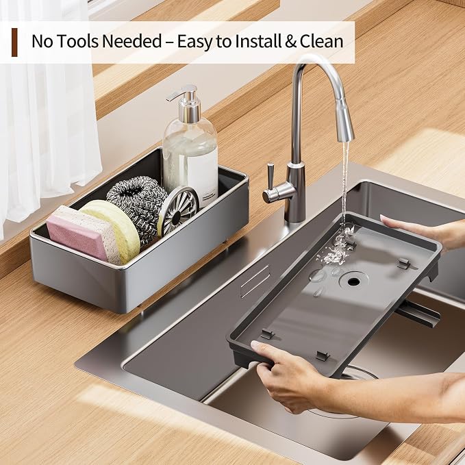 MOUKABAL Sponge Holder for Kitchen Sink, Rustproof Stainless Steel Grey | Large Capacity/360° Rotating Drain Keeps Counter Dry/Holds Sponges & Soap Bottle/Easy-Clean Removable Tray - Image 5