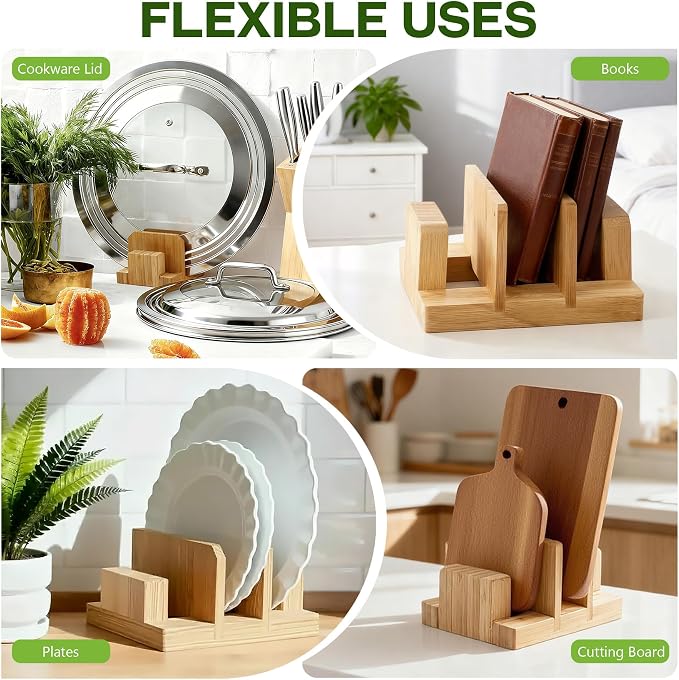Bamboo Pot Lid Holder, Cutting Board Organizer Holder, Dish Plate Pot Lids Organizer Rack for Cabinet and Countertop - Image 4