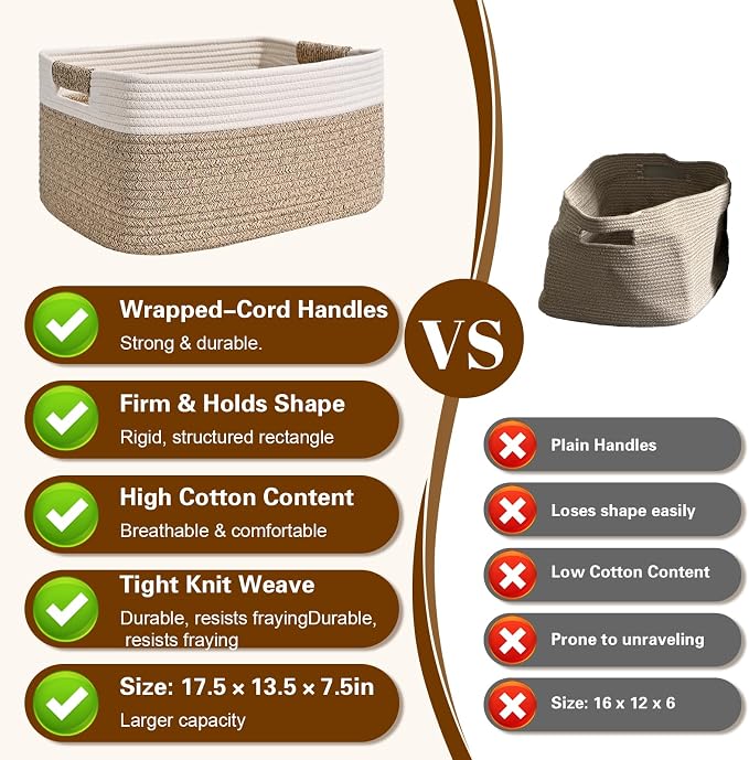4 Pack Large Storage Basket for Organizing, 17.5"x13"x7" Woven Basket for Shelves, Closet Cube Storage Bins with Wrapped Handle, Cotton Rope Baskets for Kitchen, Clothes, Toys(Off White & Brown) - Image 7