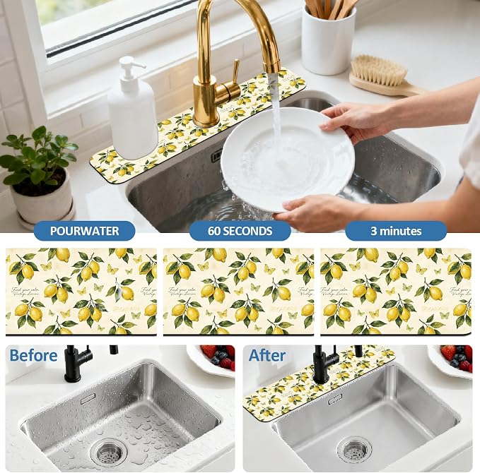 2 Pcs Kitchen Sink Splash Guard Faucet Mat Vintage Lemon Faucet Mat for Sinks Butterfly Absorbing Drying Mats for Kitchen Bathroom, 23.6x5.5inch - Image 5