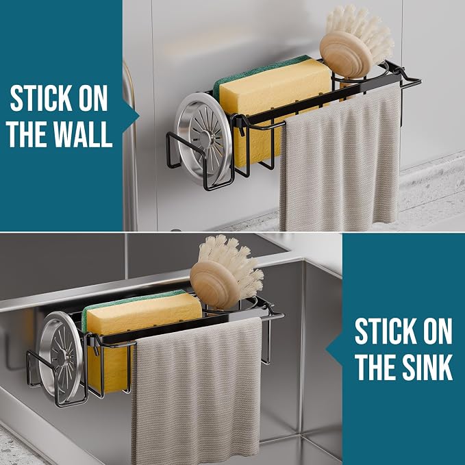 TAILI 4-in-1 Sponge Holder for Kitchen Sink with Strong Suction Cup-Black | Removable Rustproof 304 Stainless Steel Multi-compartment Sponge Holder with Suction Cup, Keeps Brushes & Scrubbers Tidy - Image 6