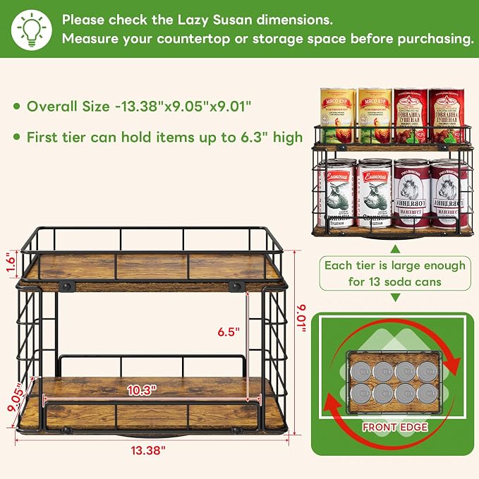 360° Rotating Lazy Susan Can Organizer for Pantry, Holds 26 Cans, Black | 2-Tier Soda Can Organizer, Metal Wire & Wood Shelf with Turntable Storage for Kitchen Cabinet, Pantry & Countertop - Image 4