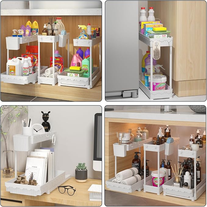 3-Pack 2-Tier L-Shaped Under Sink Organizers with Sliding Drawers | Multi-use kitchen & bathroom storage, 14.85 inch white cabinet organizer, space-saving sliding drawer design. - Image 5