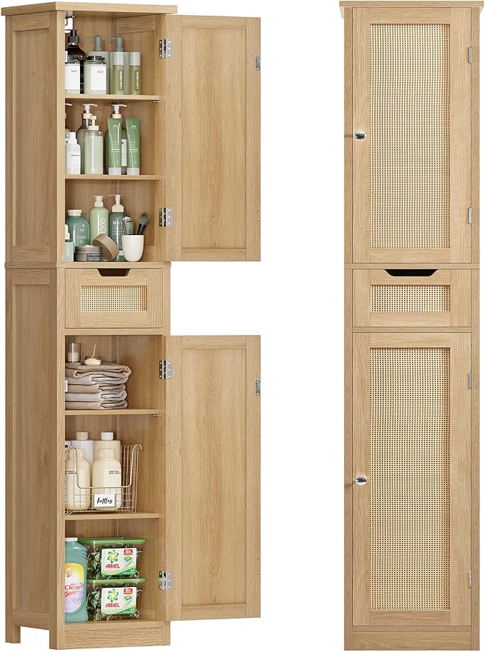 Iwell Tall Bathroom Cabinet, Slim Narrow Storage Cabinet with Adjustable Shelves, Rattan Cabinets with 1 Drawer, for Bathroom, Living Room, Entryway, Kitchen, Nature by IWELL