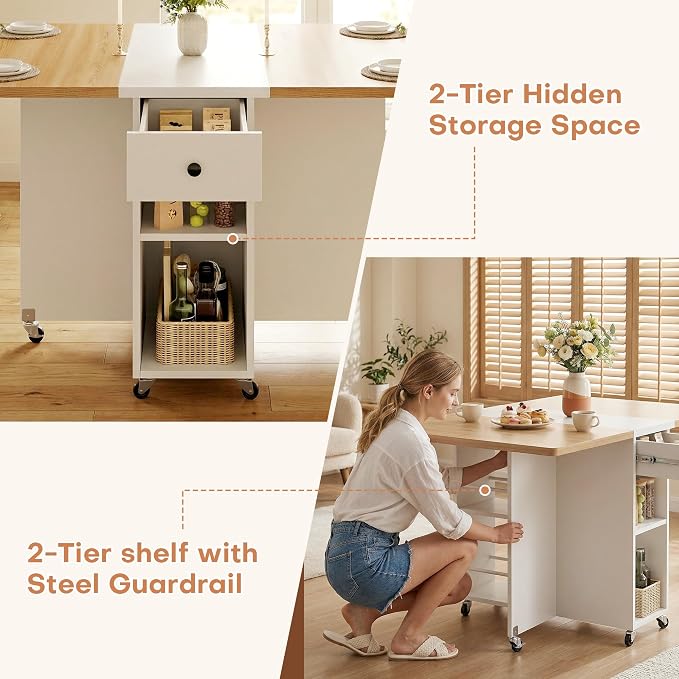 Jocoevol Space Saving Folding Dining Table for 4, Foldable Dining Table with Drawer and Storage Shelf, 6 Wheels Drop Leaf Kitchen Dining Room Table for Small Space (Natural, 47.2" x 23.6" x 29.9") - Image 7