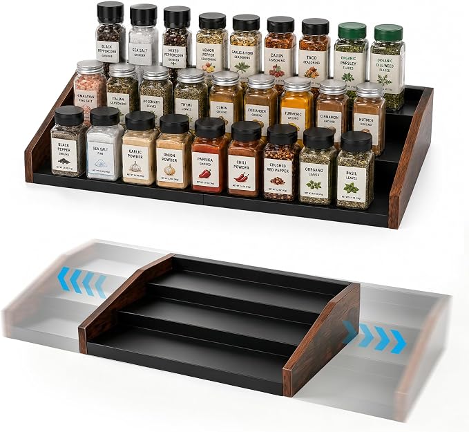 3-Tier Expandable Spice Rack Organizer, 12.8-22.6 in, Rustic Brown | Adjustable, Countertop Stepped wood & iron Seasoning Organizer, Shelf for kitchen Cabinet Pantry Jars Bottles Syrup by TIOPGHAD