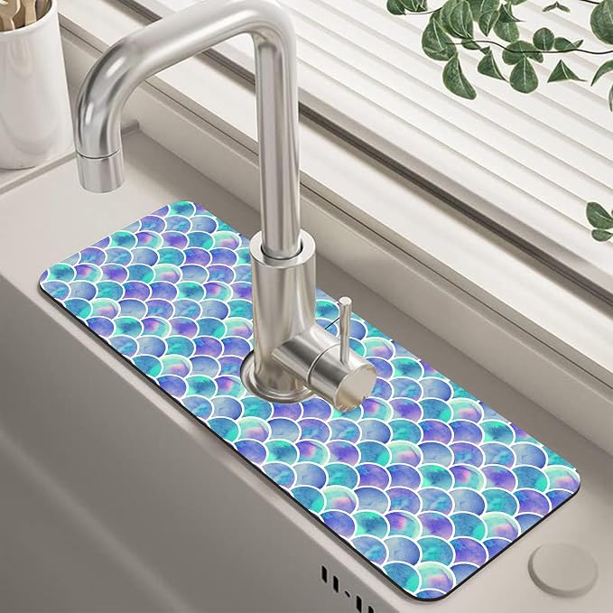 Watercolor Rainbow Scales Sink Faucet Absorbing Mat Sink Splash Guard Faucet Mat Draining Mat Fast Drying Sink Protectors for Kitchen and Bathroom 5.5"×15" by Unknown