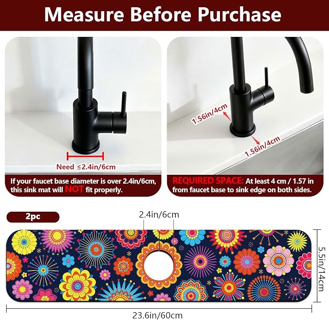 2 Pcs Kitchen Sink Splash Guard Faucet Mat Brilliant Floral Textures Faucet Mat for Sinks Flowers Pattern Absorbing Drying Mats for Kitchen Bathroom, 23.6x5.5inch - Image 2