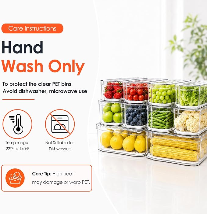 SMRCAD 10 Pack Clear Fridge Organizer Bins with Drain Trays - Stackable | BPA-Free PET, 10 Pack: 10 lidded Bins (Not drawer), Helps Keep Produce Fresh, 17.4L Capacity, Hand Wash Only - Image 2