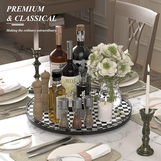 AMH18-Inch Black and White Checkerboard Lazy Susan Decorative Tray | Smooth rotating oak tray with walnut finish for dining tables, kitchen counters, pantries and cabinet storage. - Image 3