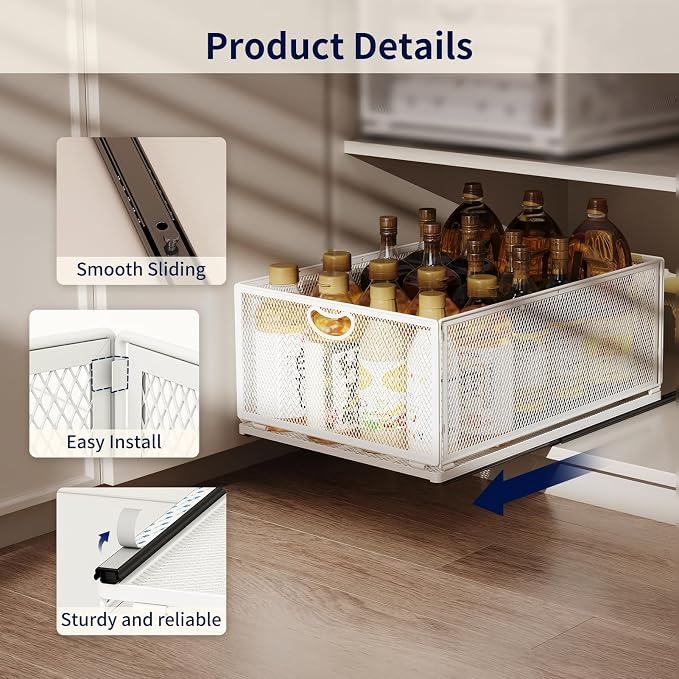 Pull Out Cabinet Organizer, No Drill Adhesive Sliding Drawers for Kitchen, Metal Mesh Wire Storage Shelf for Pantry & Under Sink, White (9.6" W x 15.7" D x 6.1" H) - Image 2