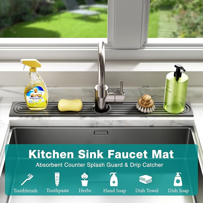 Stone Faucet Mat for Kitchen Sink - Quick Dry Diatomite Sink Splash Guard, Prevents Moisture Buildup & Water Stains, Water Absorbing Stone Tray for Bathroom Countertop (Dark Gray, 30" x 4") - Image 6