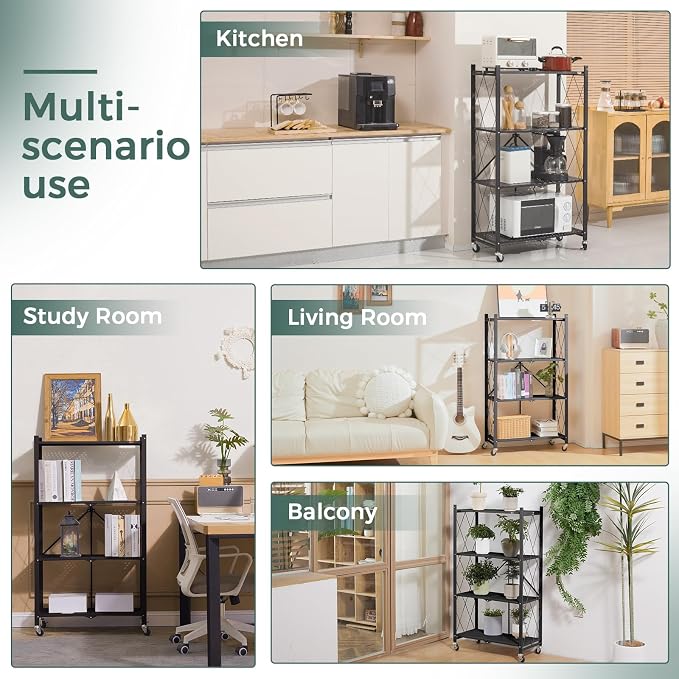 DEANIC 4 Tier Foldable Storage Shelves with Wheels, No Assembly Organizer Rack for Garage Kitchen, Basement, Pantry,Perfect for Craft Shows & Vendor Events(Black) - Image 4