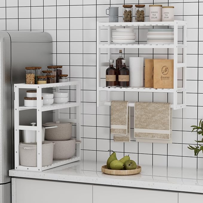 Towel Rack Bathroom Storage Shelves Over The Toilet with Towel Bar 100% Bamboo Adjustable Height Floating Shelf Wall Shower Shelf for Small Space Bathroom Kitchen Multi Usage White New 2Pack - Image 4