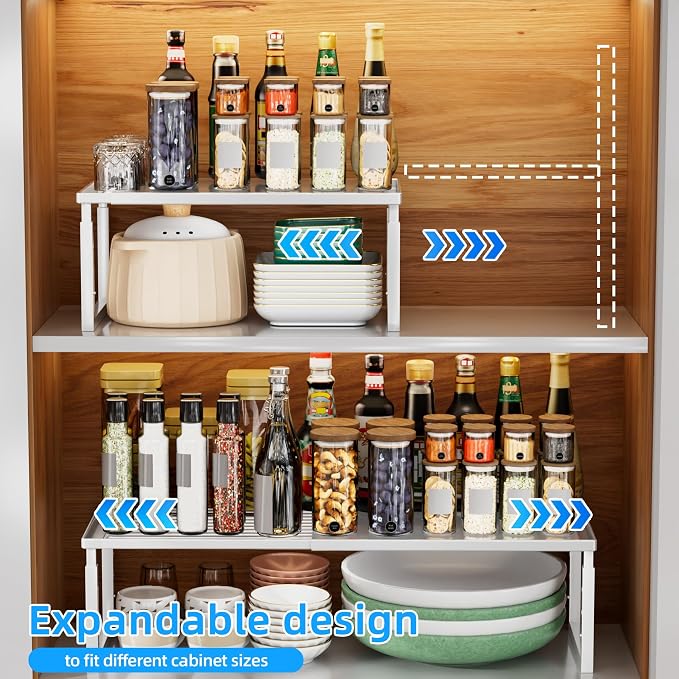 Cabinet Shelves, 2 Pack Stackable Shelves for Kitchen Storage | Expandable & Height Adjustable Cabinet Organizer Shelf | Metal Shelf Organizer | White Spice Rack for Pantry Storage - Image 5